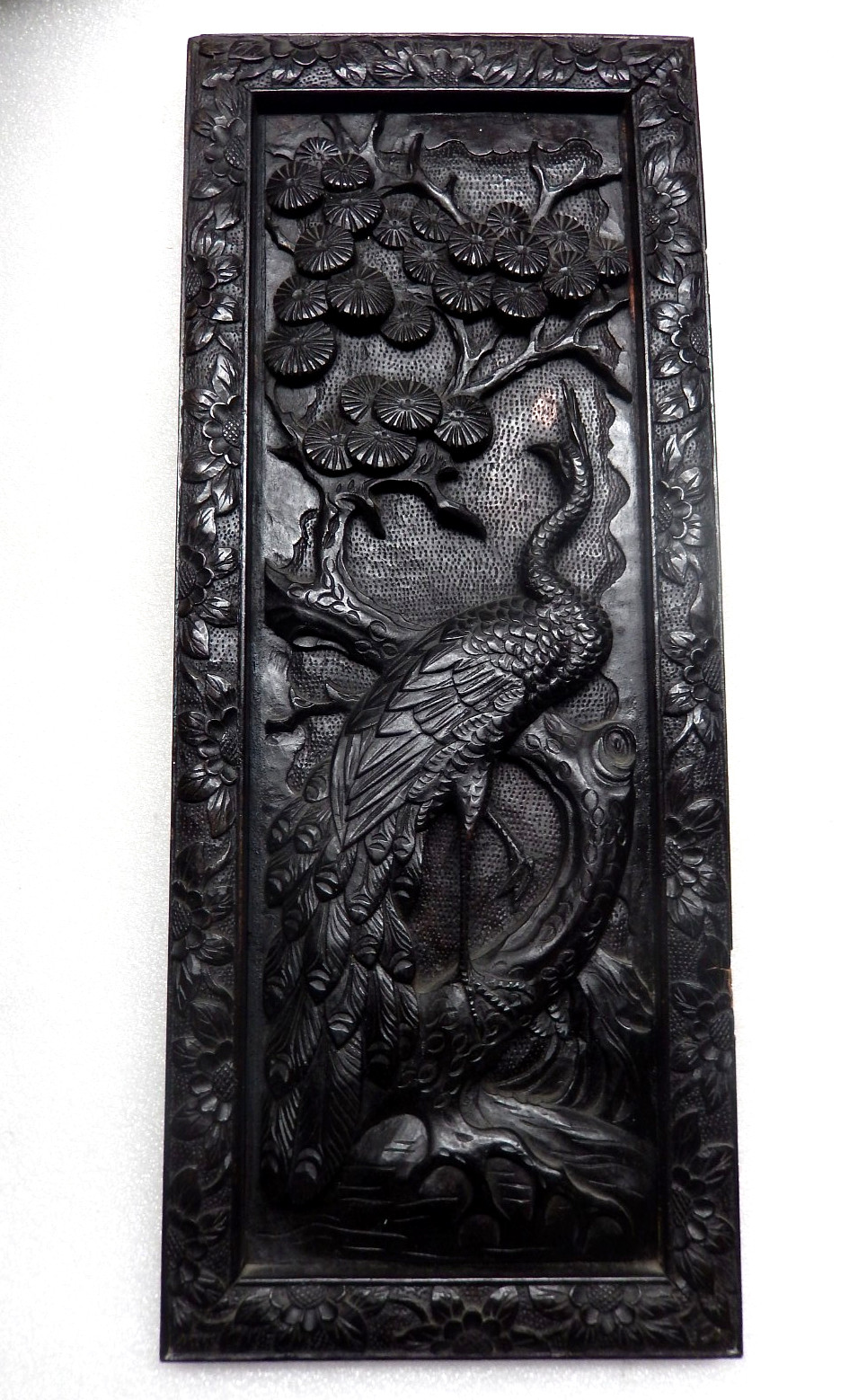Hand Carved Asian Wooden Wall Decor Panel Art Peacock Floral