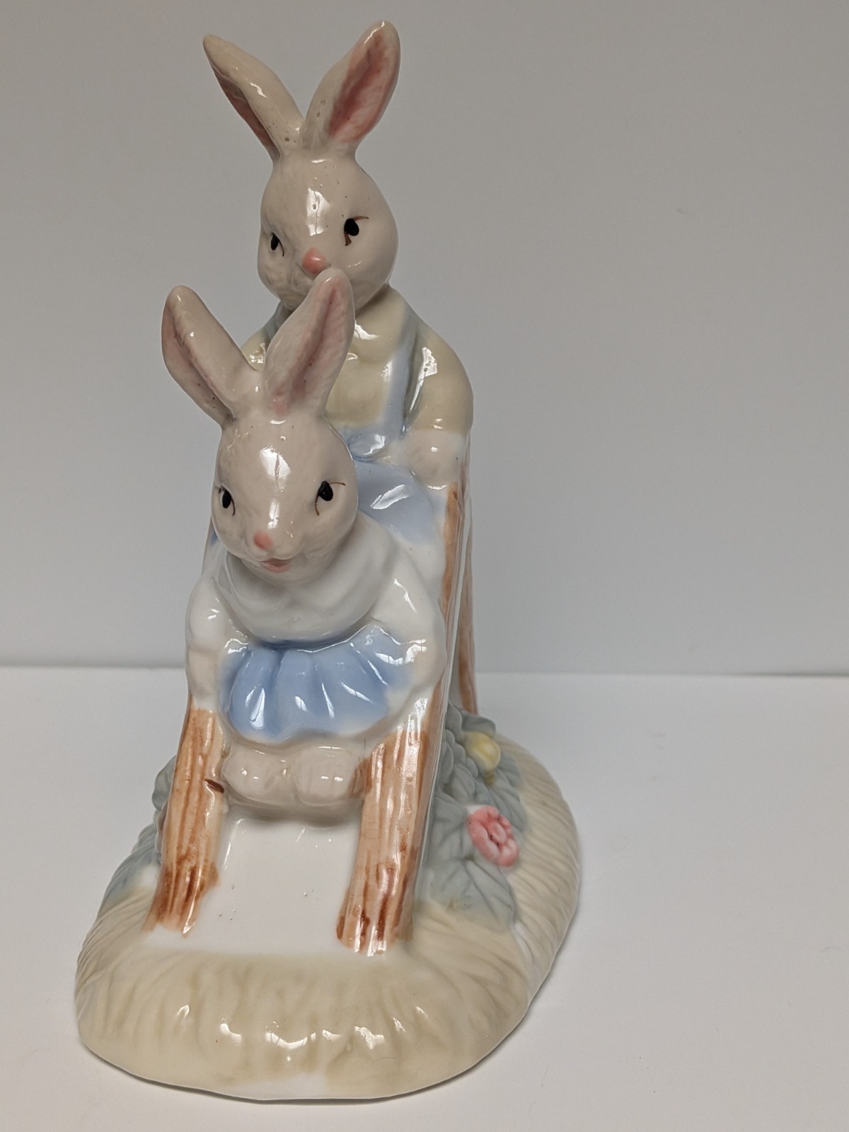 Porcelain Figurine Boy & Girl Bunny Playful Slide Pastel Easter Spring 5.75”