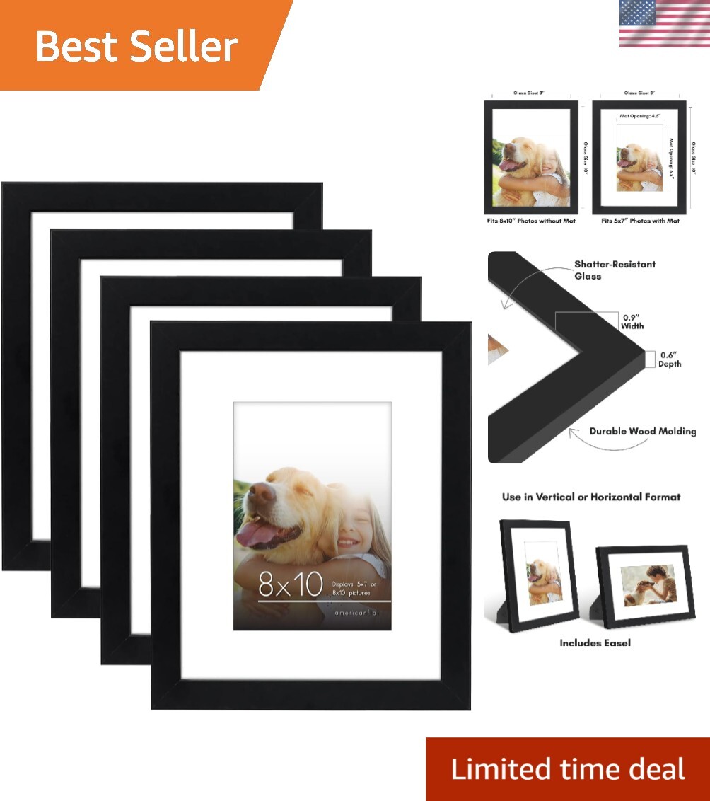 Durable Black Composite Wood Picture Frames – 4 Pack for 8×10 & 5×7 Photos
