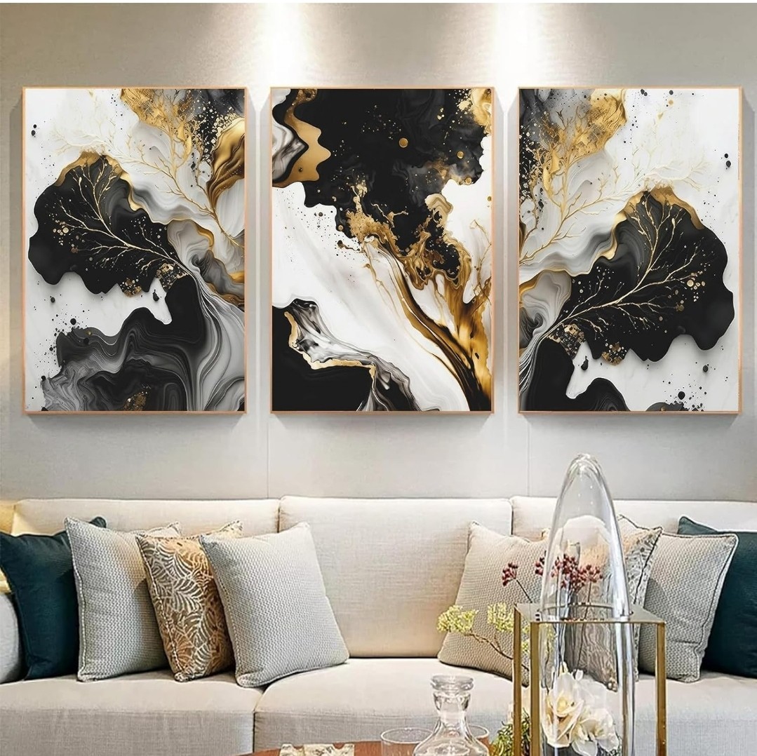 Black and Gold Leaf Wall Art – Abstract Painting With Grey and White – Modern…
