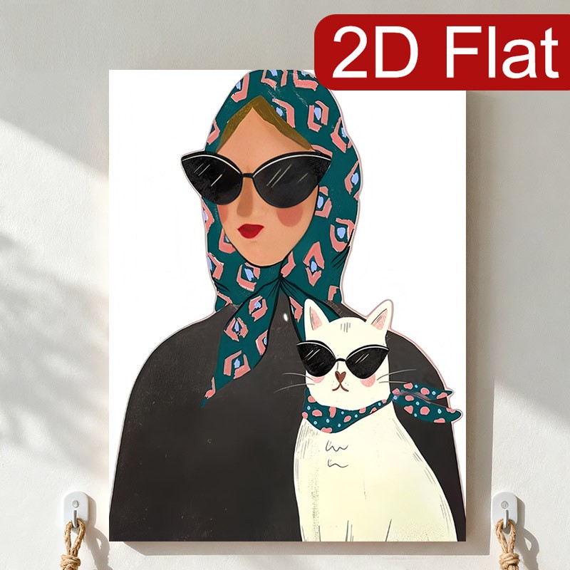 Stylish Woman with Cat Matching Sunglasses Canvas Wall Art, Fashion Pet Decor