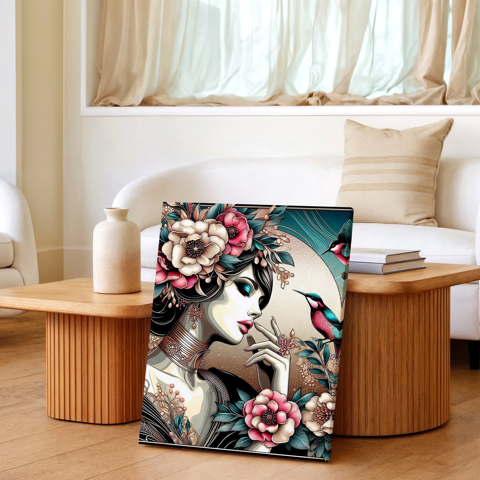 Wall Art Art Nouveau Woman Floral Portrait with Hummingbirds Decorative Print
