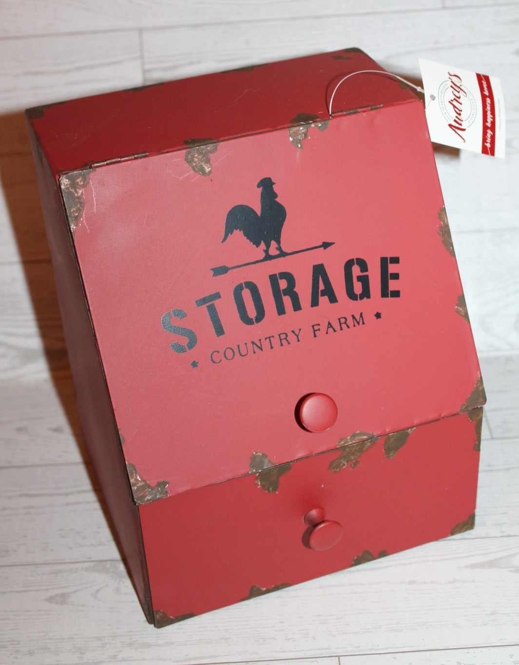 Audrey&rsquo;s Farmhouse Red Metal Distressed Counter Storage Bin Country Farm NEW