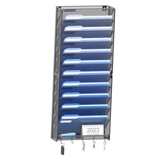 Hanging Wall File Organizer with Hooks, 12 Tier Vertical Wall Mount 12 Pocket