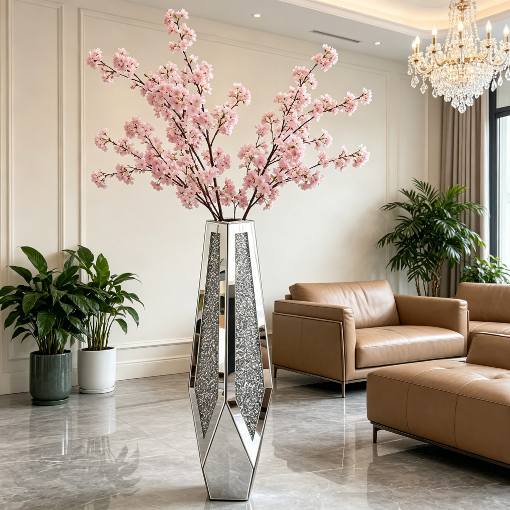 34&Prime; Tall Crushed Diamond Floor Vase Crystal Mirror Glass Vases For Home Decor