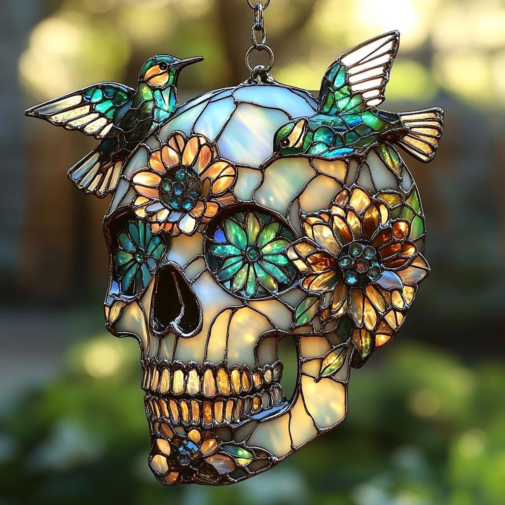 Hummingbird Skull Suncatcher: Gothic Floral Faux Acrylic Window