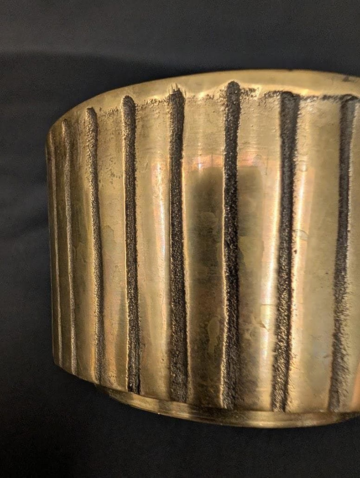 Vintage Solid Brass Cachepot Planter Bowl Ribbed Korean Brass Vessel