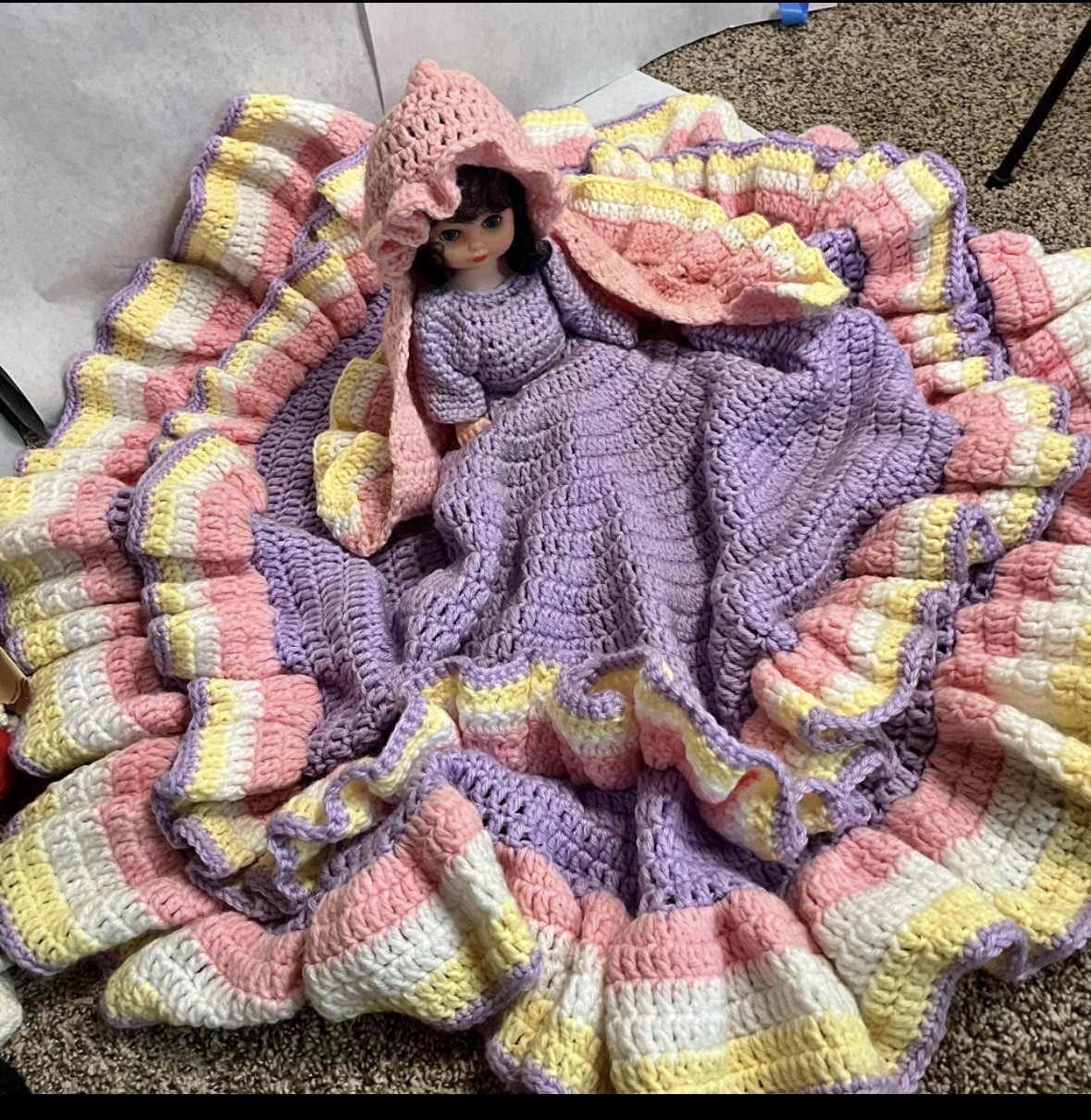 Vintage Crochet Doll Afghan Blanket Pink Purple Handmade Throw w/ Doll