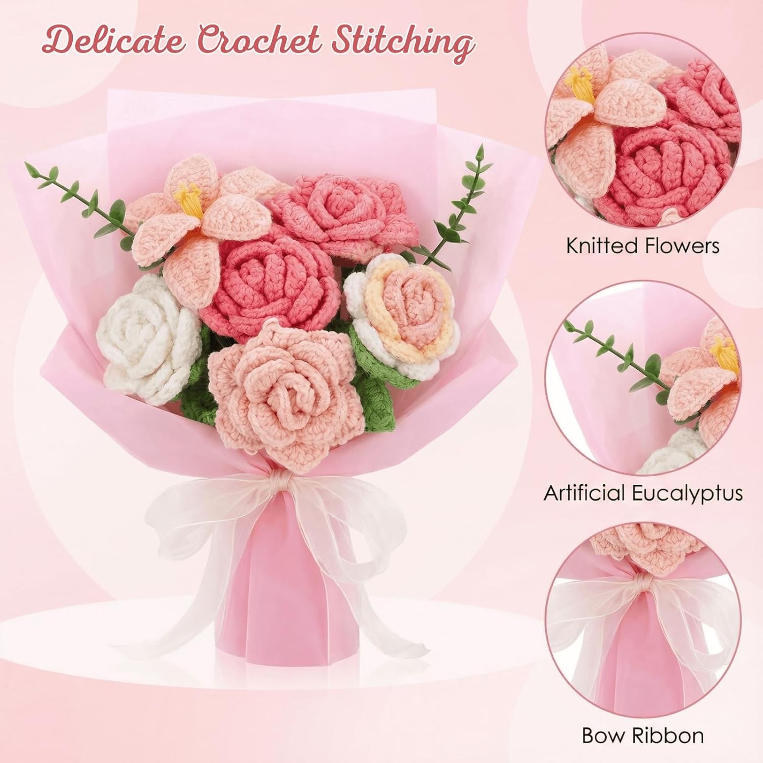 Youeon Pink Crochet Flower Bouquet, Handmade Knitted Yarn Rose Flowers with Gift