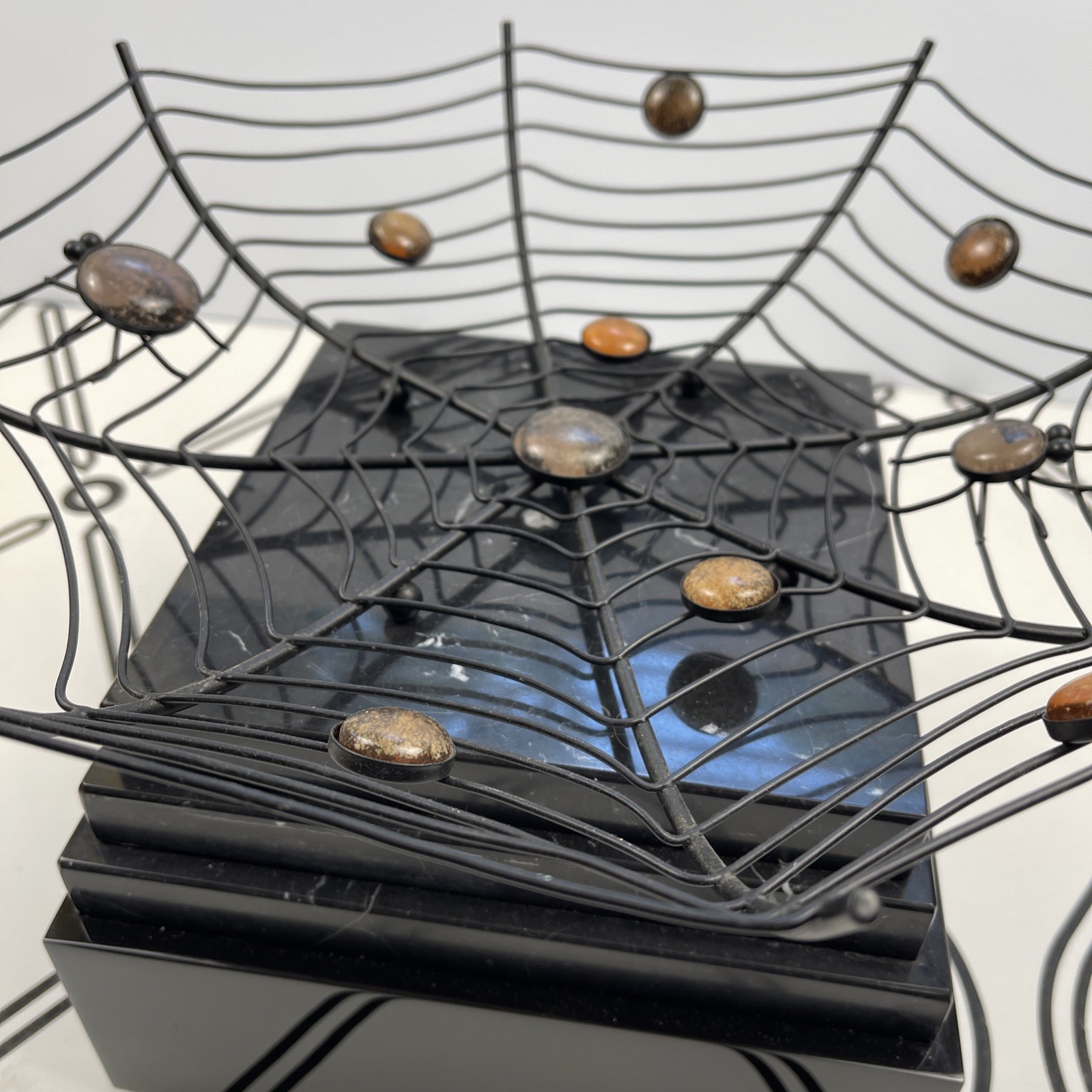 Black Metal Spider Web Bowl w/ Embedded Stone Accents Decor Halloween Fruit Bowl