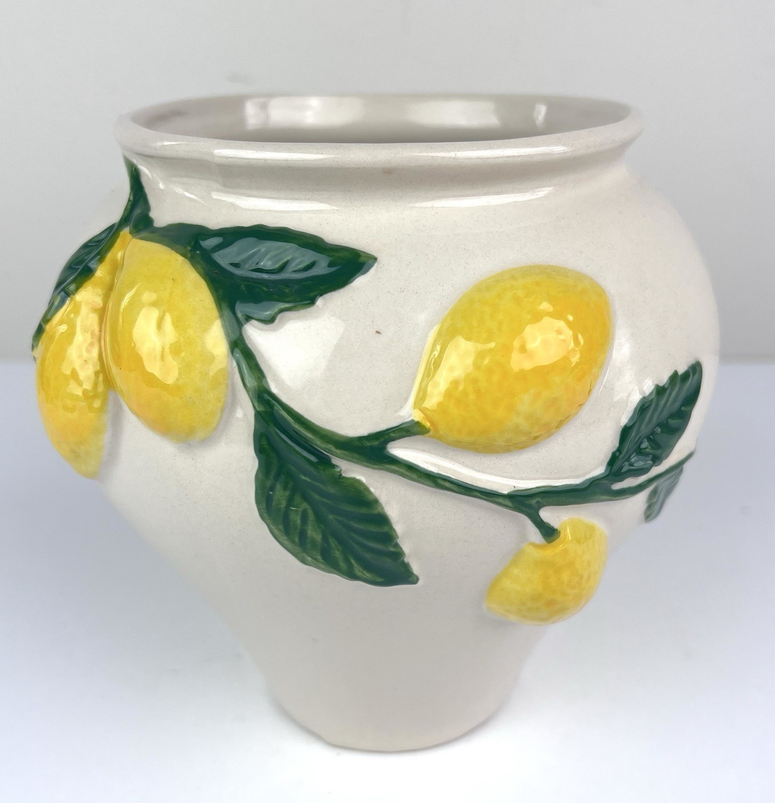 6 in. Tall 3D Lemon Branch Beige Yellow Ceramic Planter Vase 6 1/2 in. Diameter