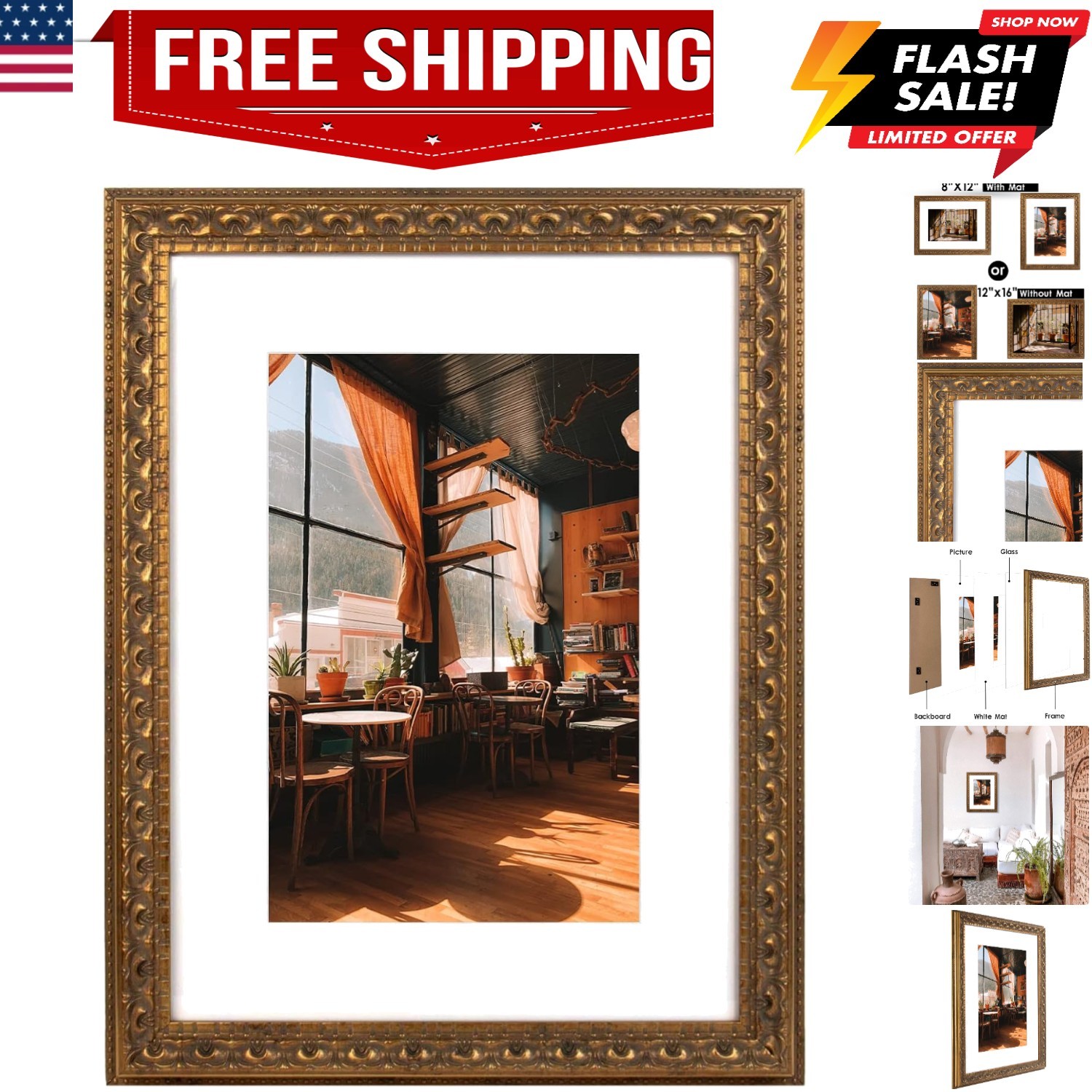 12×16 Ornate Bronze Color Frame – White Mat for 8×12 Photo – Complex Molding …