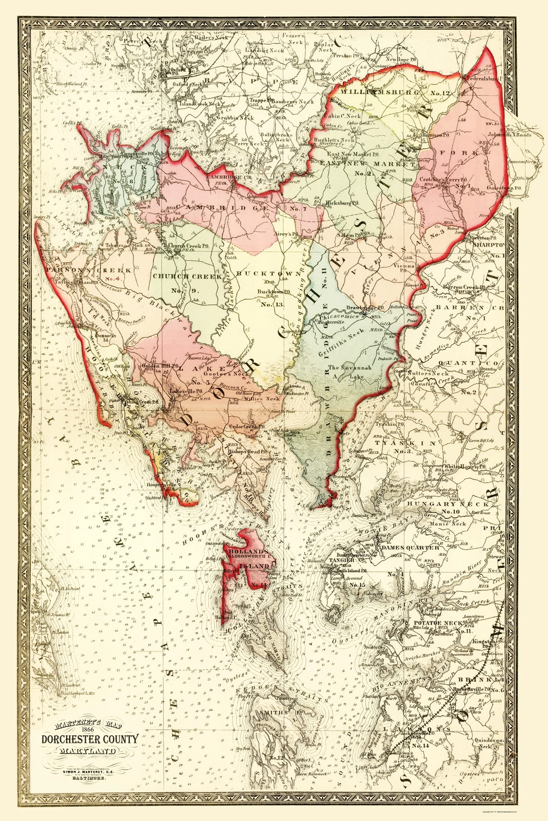 Historic County Map – Dorchester Maryland – Martenet 1866 – Vintage Wall Art