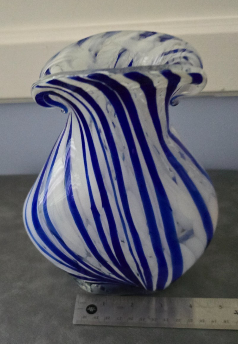 Murano Style Hand Blown Glass Vase Swirl Blue White Art Glass Decor Accent Piece
