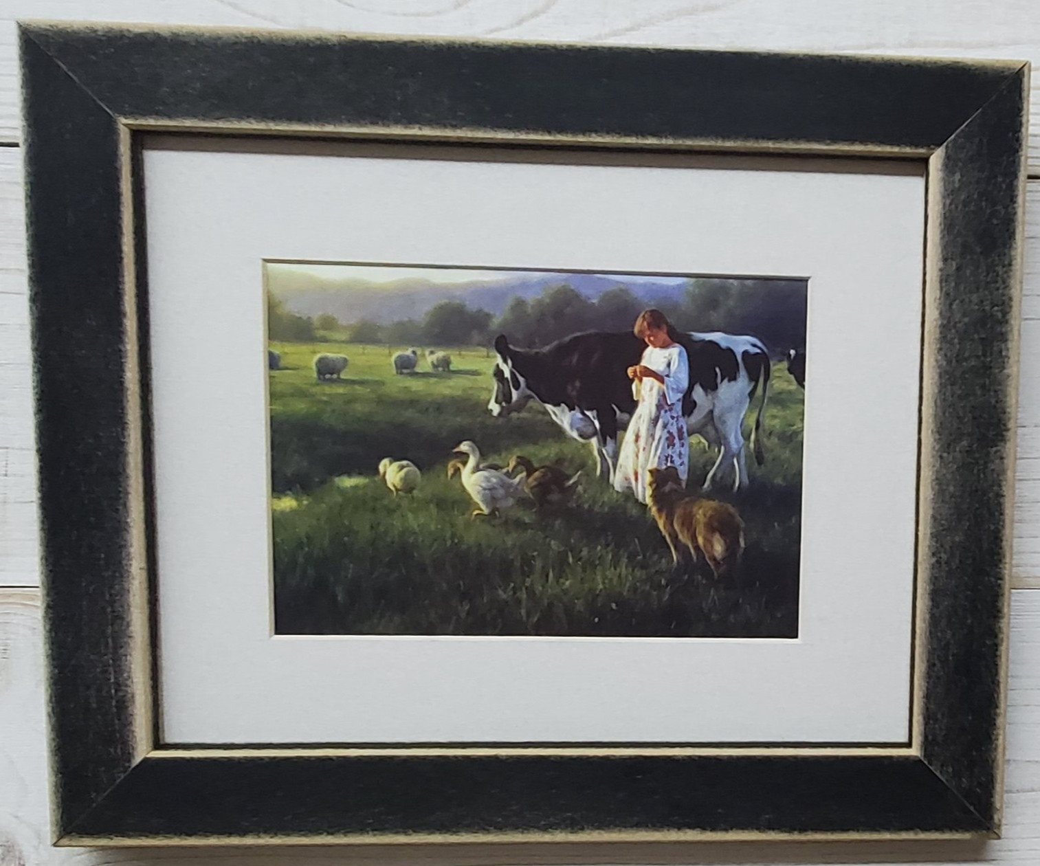 Robert Duncan girl with farm cow Distressed Black 8×10 framed wall picture