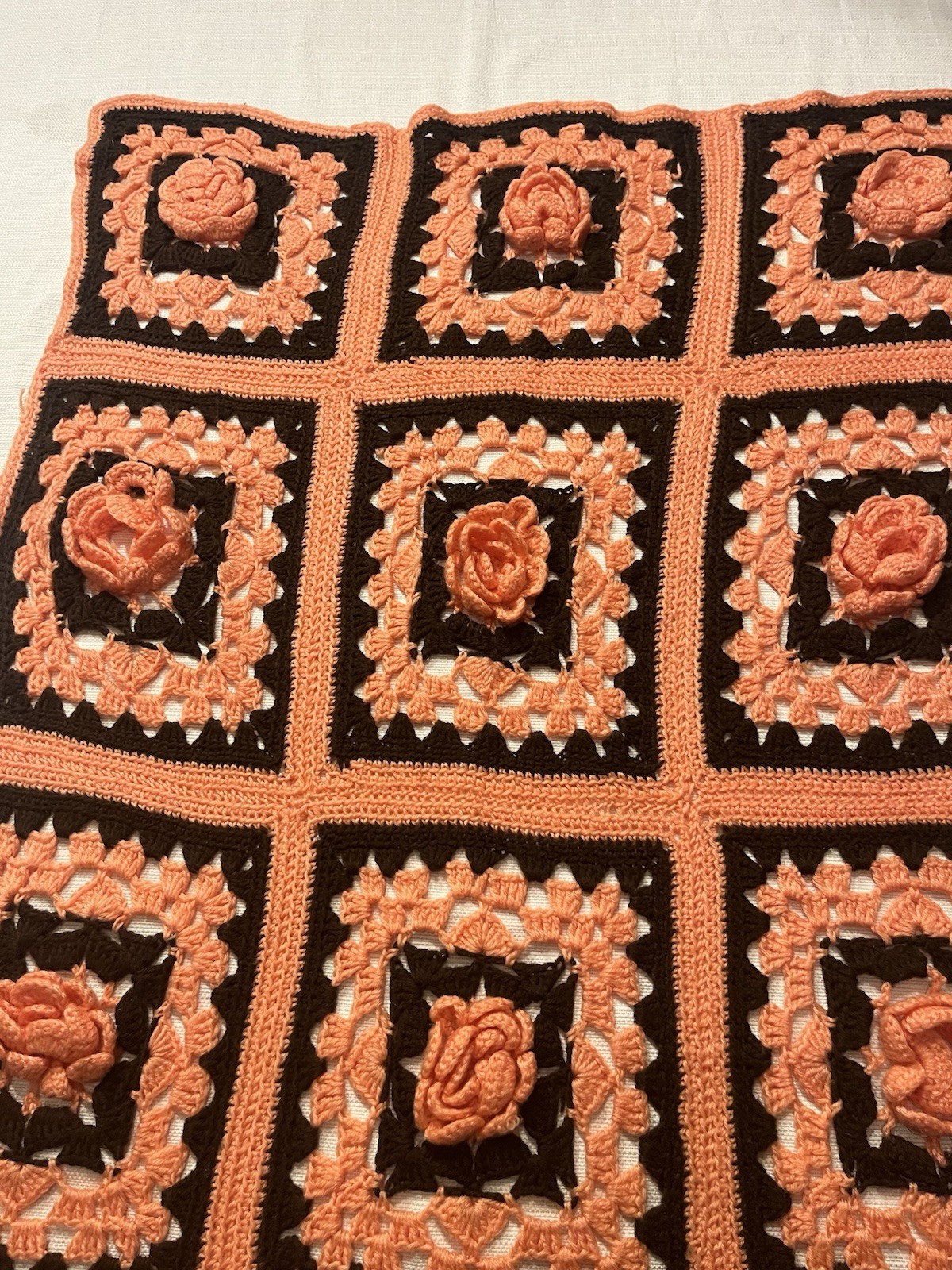 Vintage Crochet Brown/Peach 3D Rose Afghan Granny Rectangle Lap Blanket 62 X 32