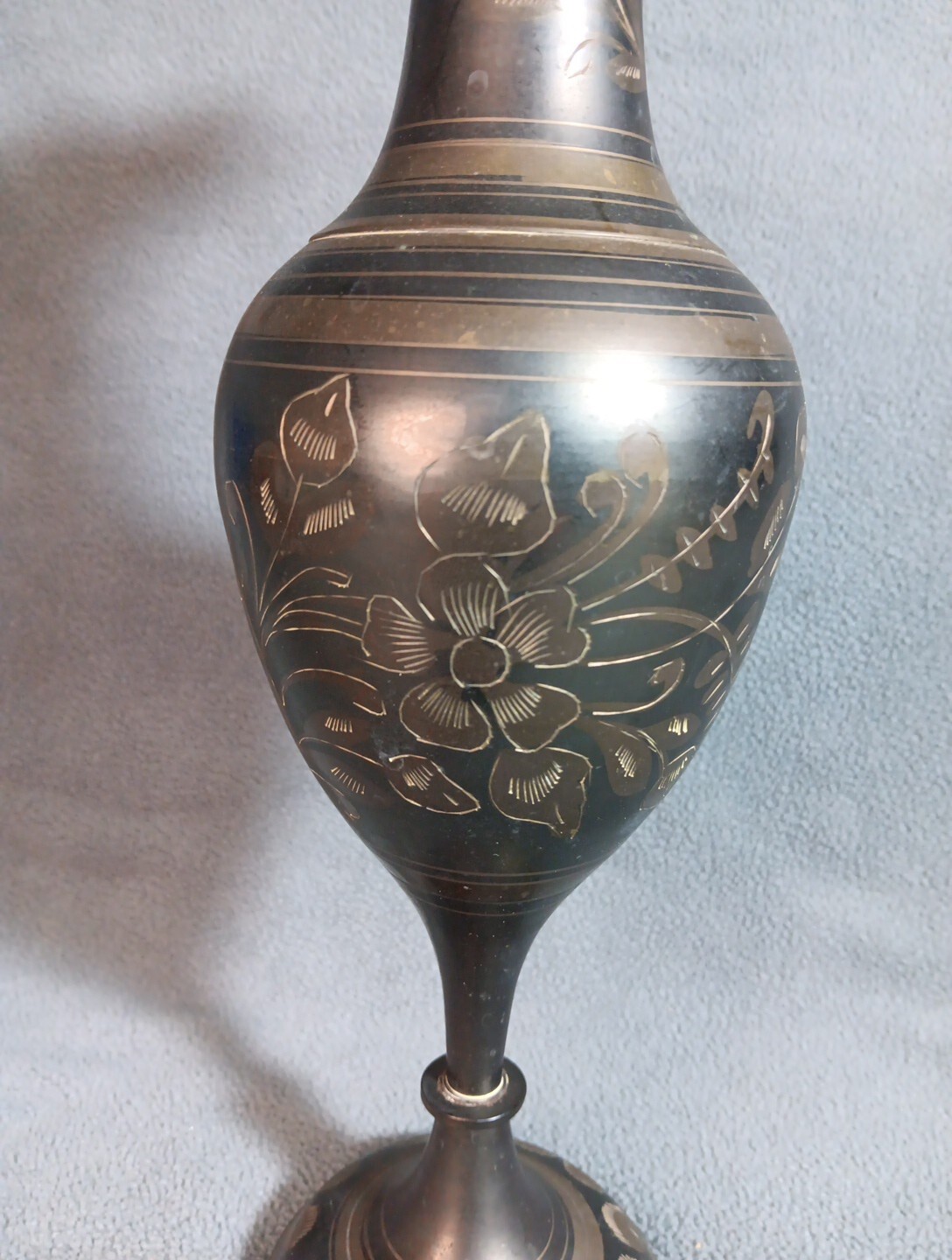 Vintage Brass Tall Skinny Vase Hand Etched Flowers Made in India 13.5 Inches