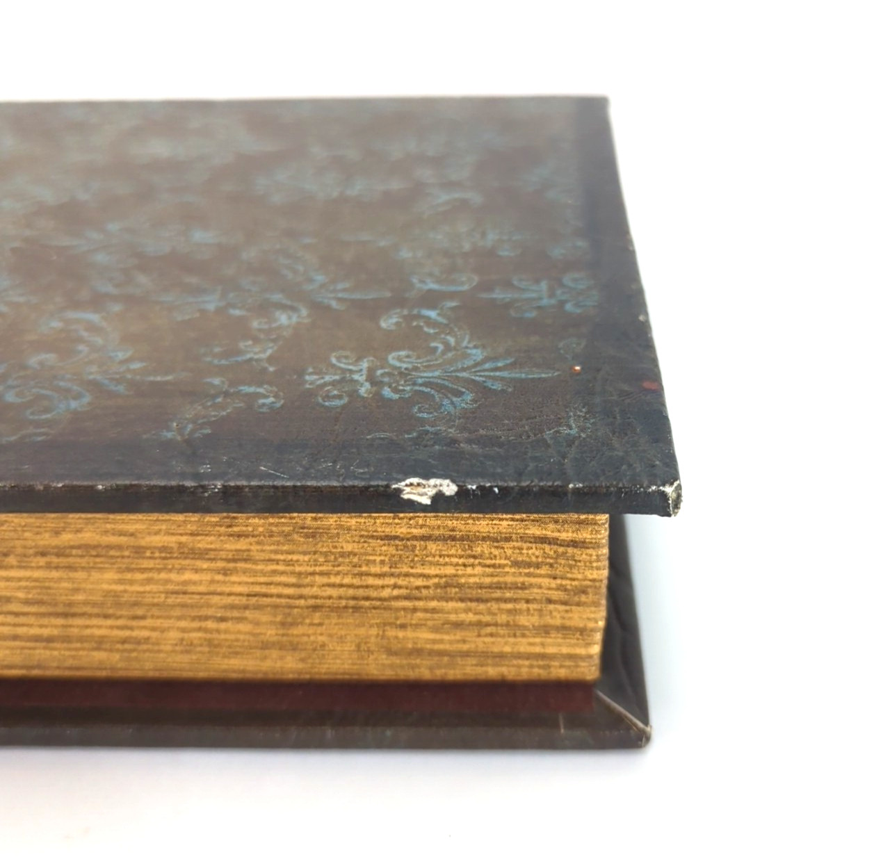 Faux Book Storage Box Secret Brown Leather Look Blue Filigree Magnet Close Lined