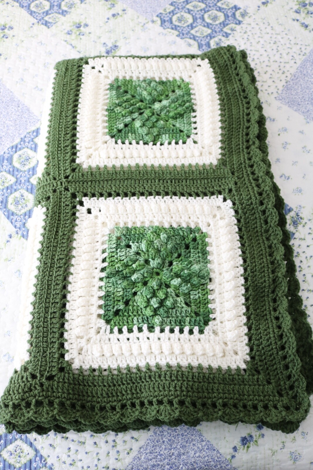 Granny Squares Afghan Hand Crocheted Blanket Greens Soft White & Medium Green