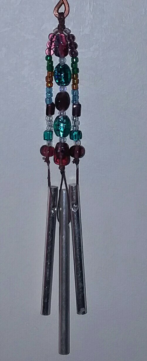 Hand Crafted Wind Chime Hammered Solid Copper Hanger Multi Color Glass Beads 11&Prime;