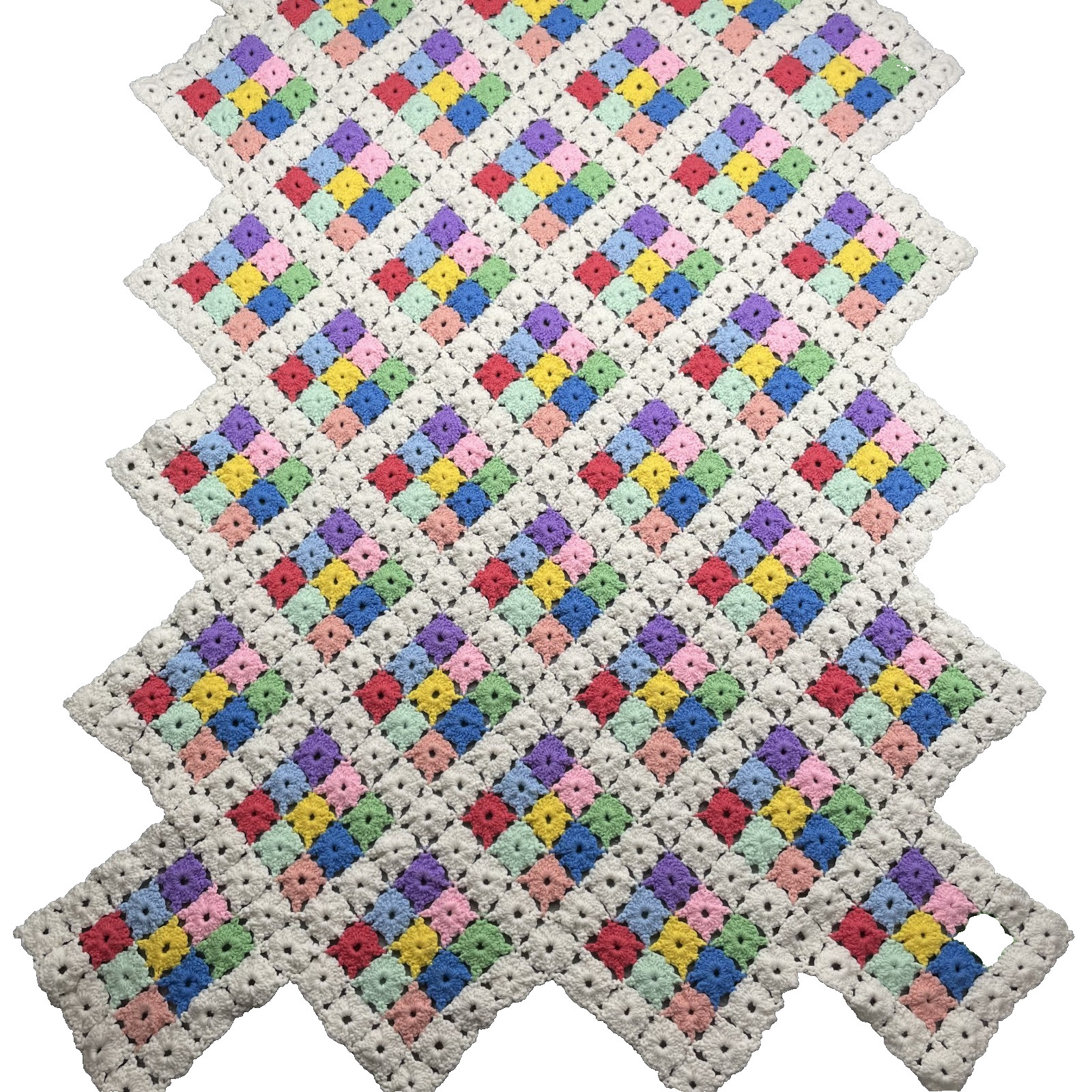 VTG Colorful Crochet Medallion Afghan Blanket 43×65 Granny Square Couch Throw