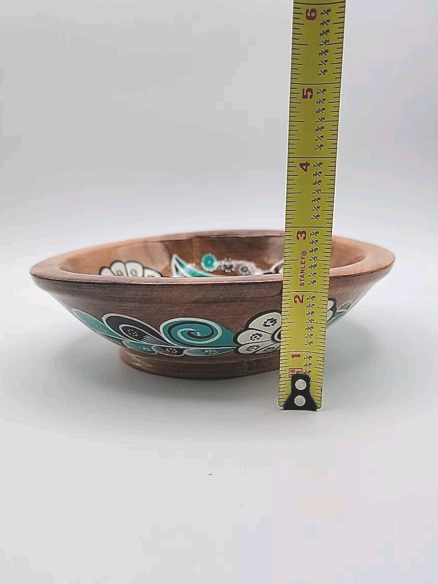 Round Wood Bowl Hand Painted Black & Blue Bird White Flower Glossy 7&Prime;Diameter