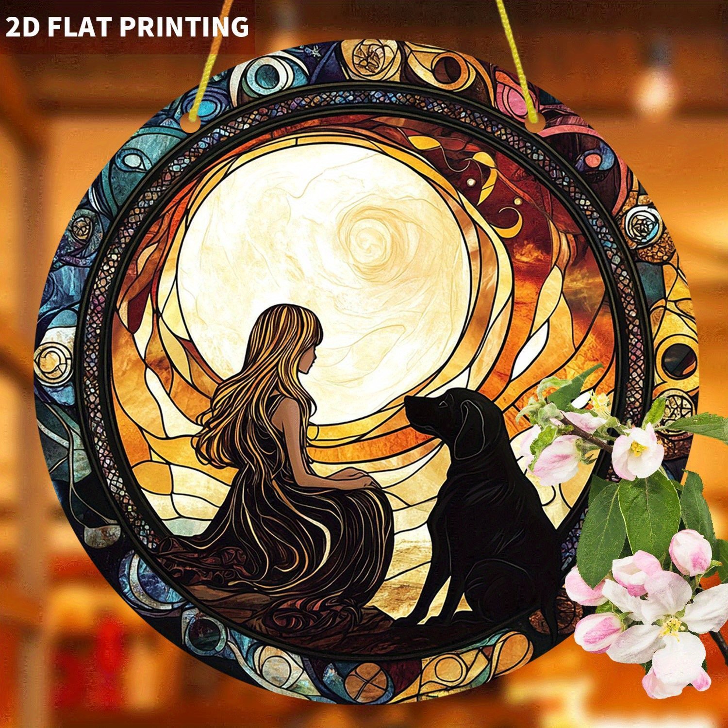 Girl & Black Dog Moon Acrylic Suncatcher Whimsical Boho Window Wall Decoration