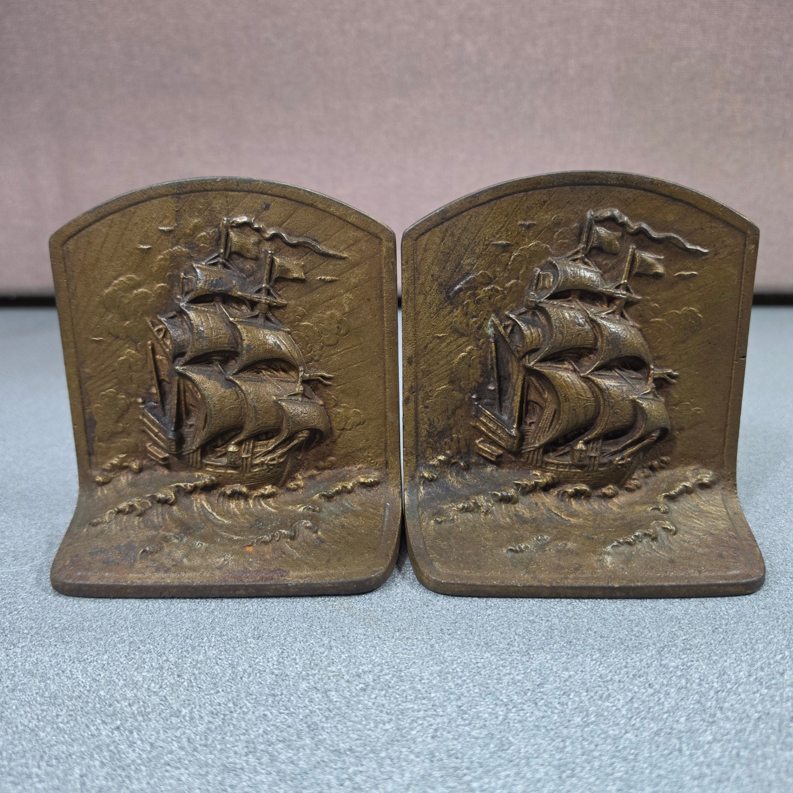 Vintage Sailing Ship Bookends Pair Brass Nautical Maritime 177 Heavy