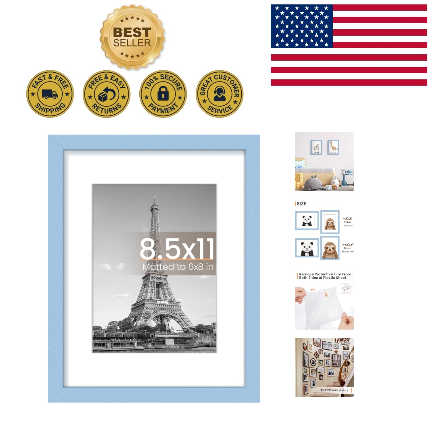 Classic Wall Hanging Picture Frame in Blue – Perfect for 8.5×11 or 6×8 Photos