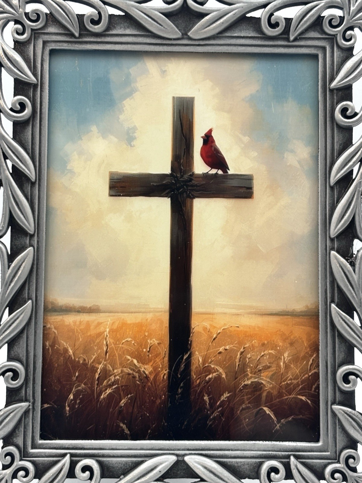 Christian Cross With Red Cardinal Wheat Field Mini Frame 2.5×3.5 Desk Art Faith