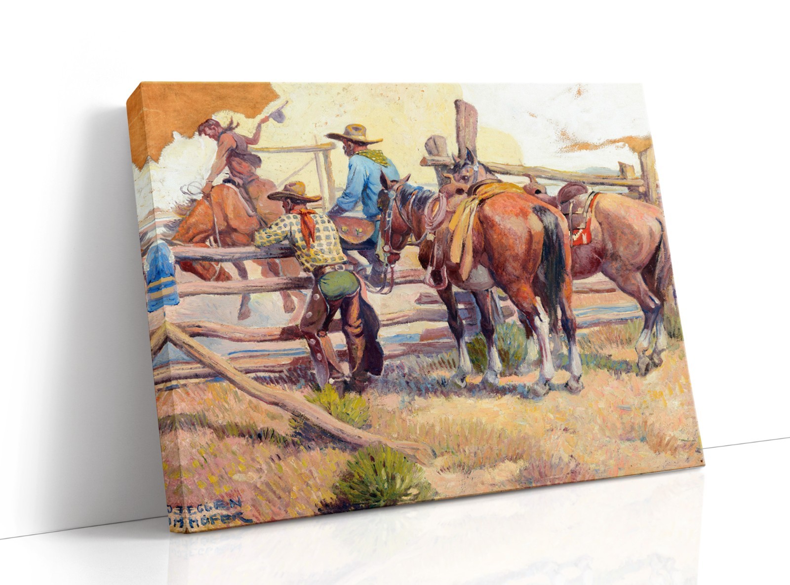 Stretched canvas art print giclée – poster – Pillow – Cowboy Breaking a Bronc