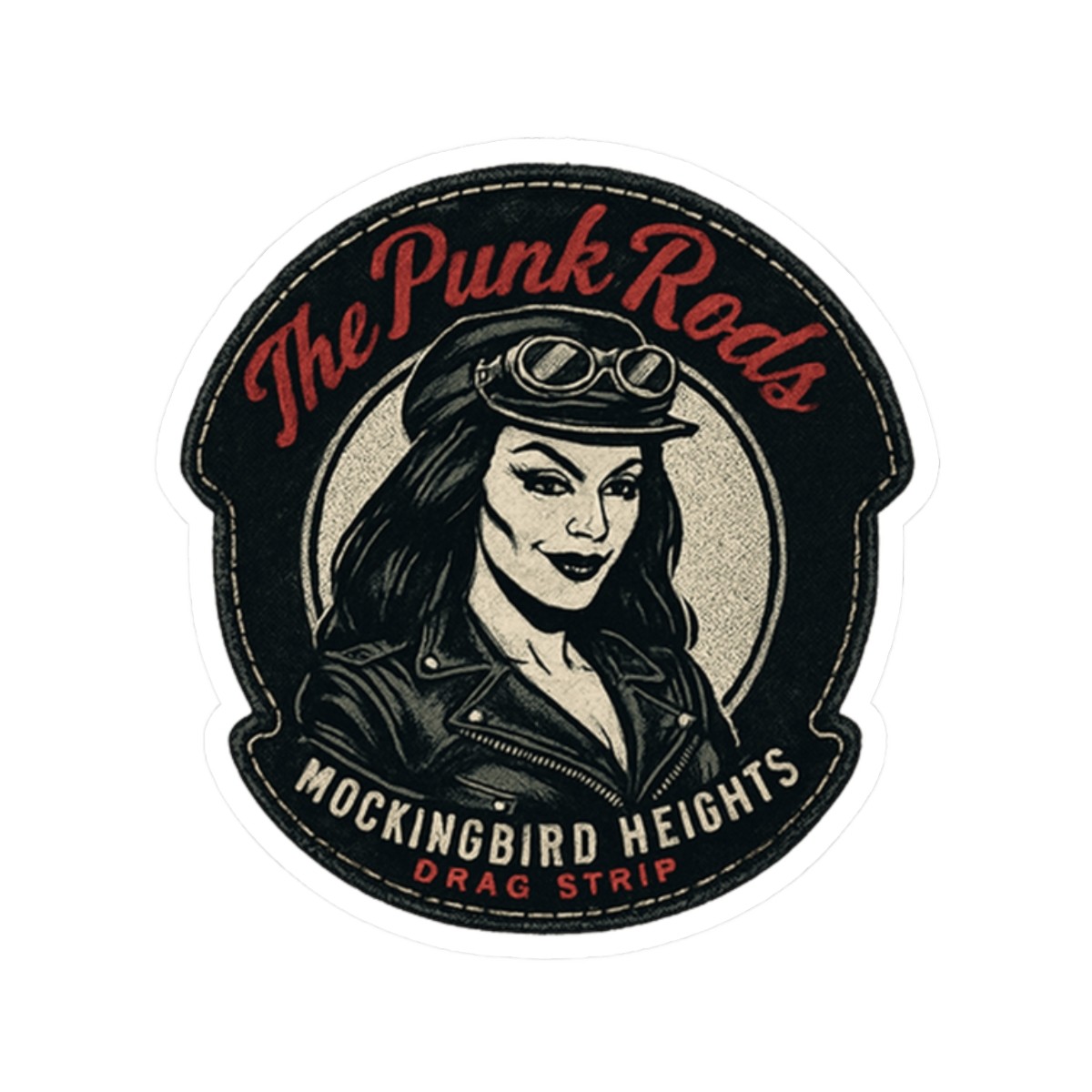 Sticker of The PUNK RODS, Lily Munster, Mockingbird Heights Drag Strip, leather