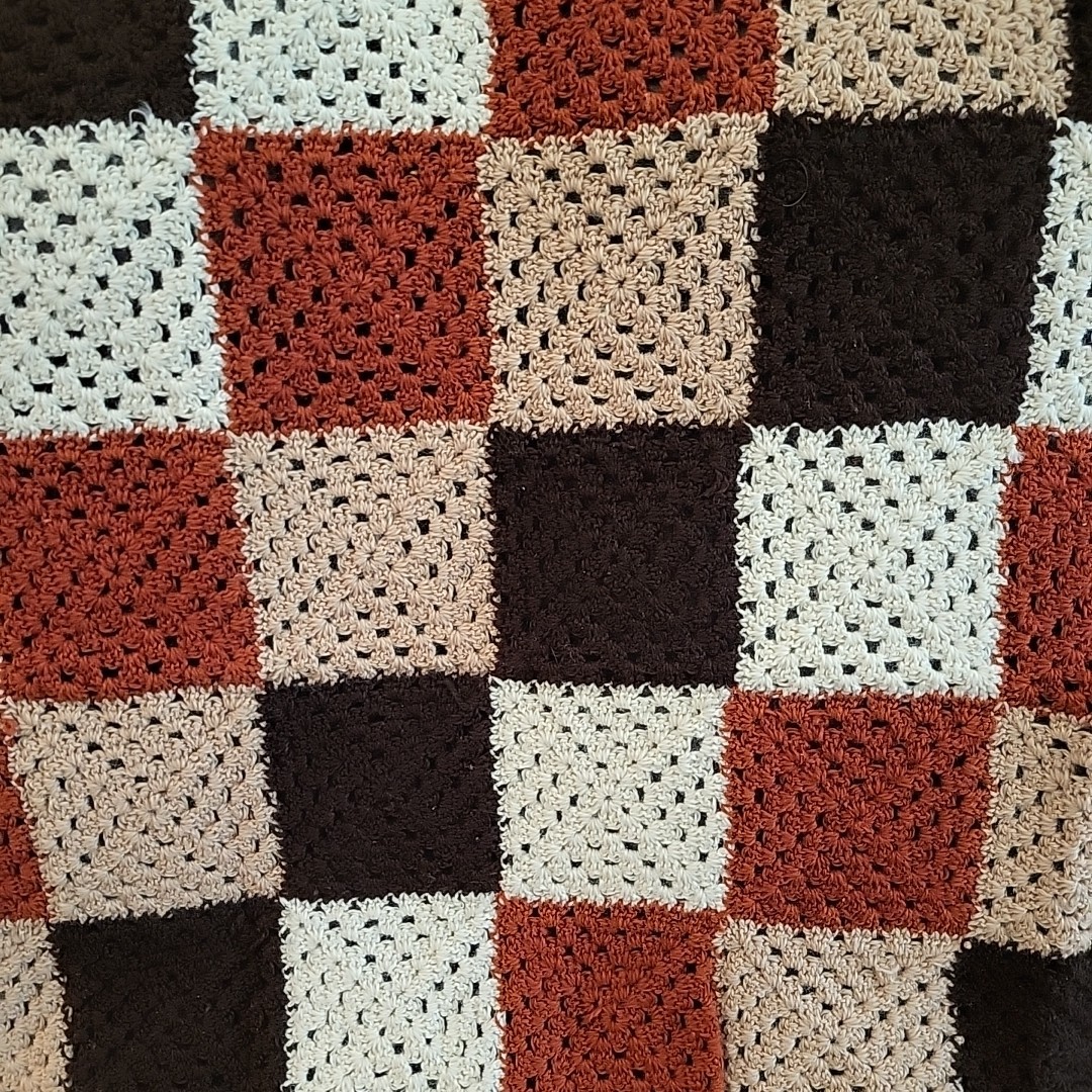 Hand Crochet Blanket Granny Squares Checker Brown Tan Rust Cream 76&Prime;x64&Prime; Cottage
