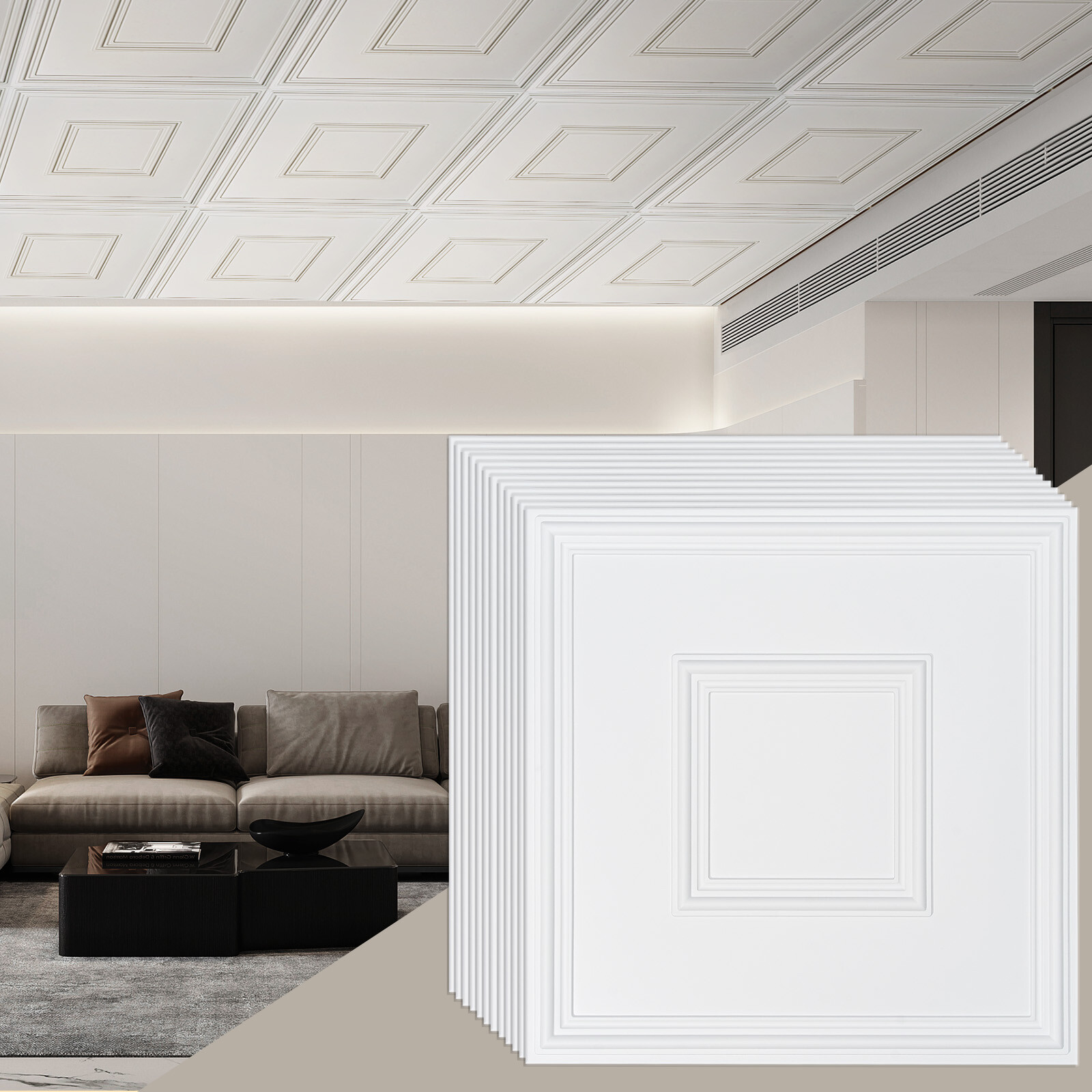 VEVOR Ceiling Tiles Panel 12 Pack 24 x 24in 48 sq.ft PVC Glue up DIY Decor White
