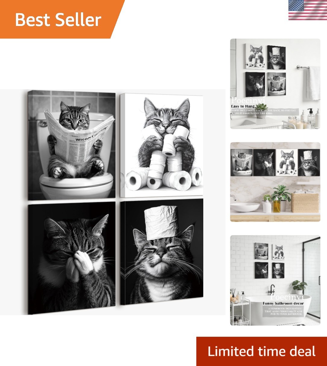 Set of 4 Black and White Cat Art Prints for Elegant Bathroom and Home Decor