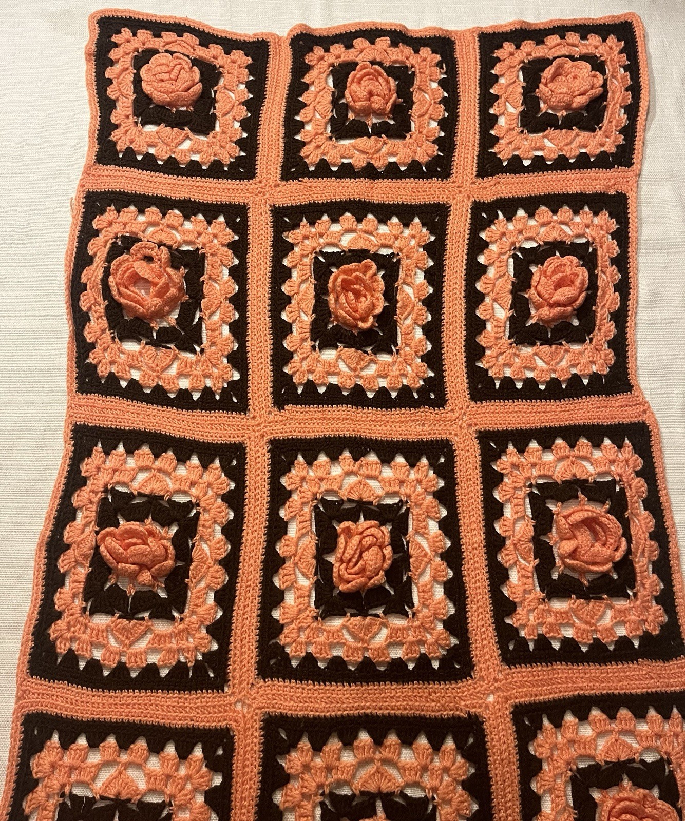Vintage Crochet Brown/Peach 3D Rose Afghan Granny Rectangle Lap Blanket 62 X 32