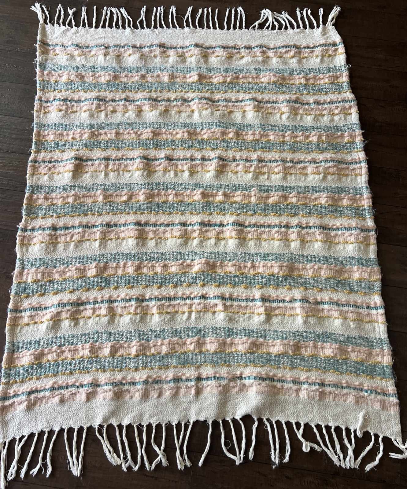London Kaye Throw Multicolor Striped Embroidered Fringe Blanket 62×48 Boho