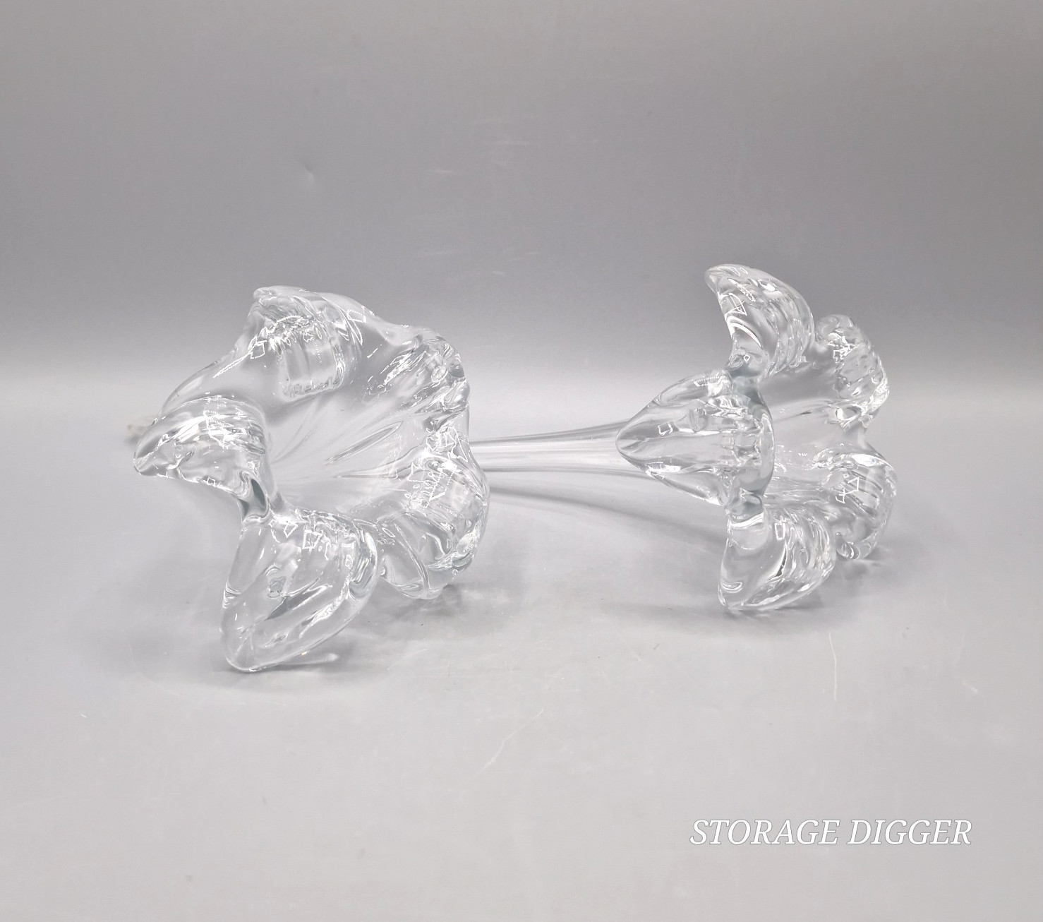 Vintage Set of 2 Clear Glass Blooming Lily Flower Hand Blown Glass Decor 7&Prime; Long