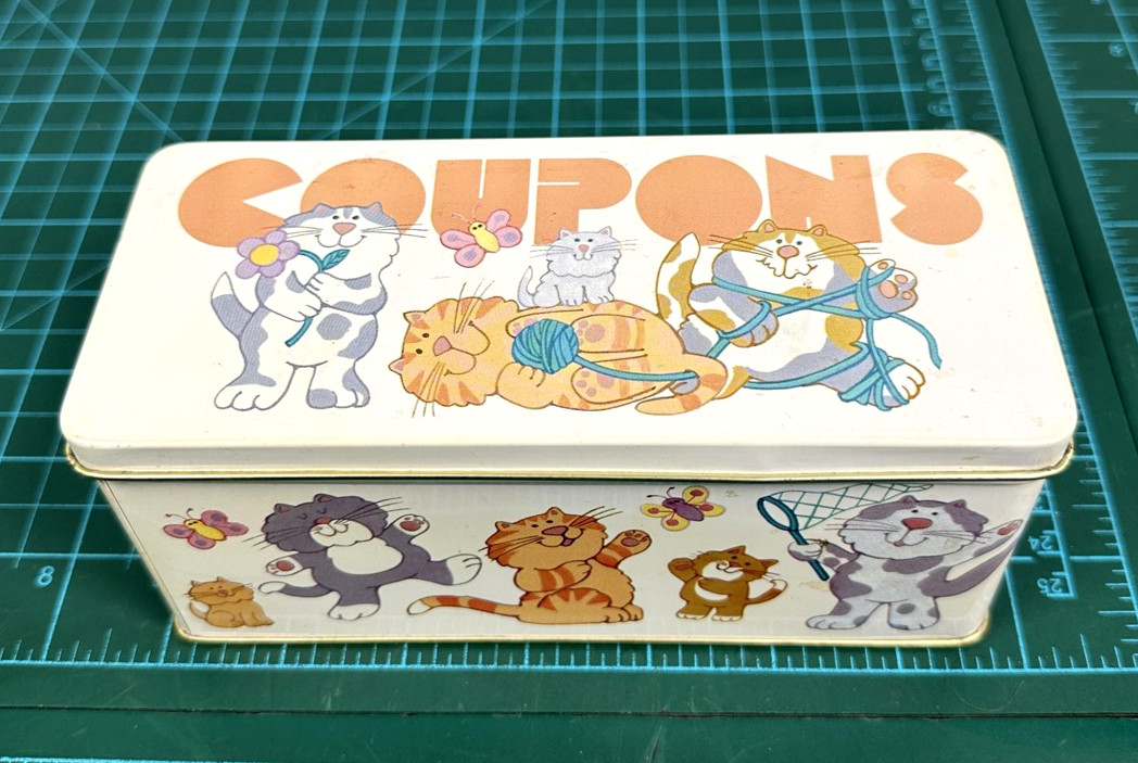 Vintage Cat Coupons Tin Box Small Rectangular Coupon Holder Storage With Lid