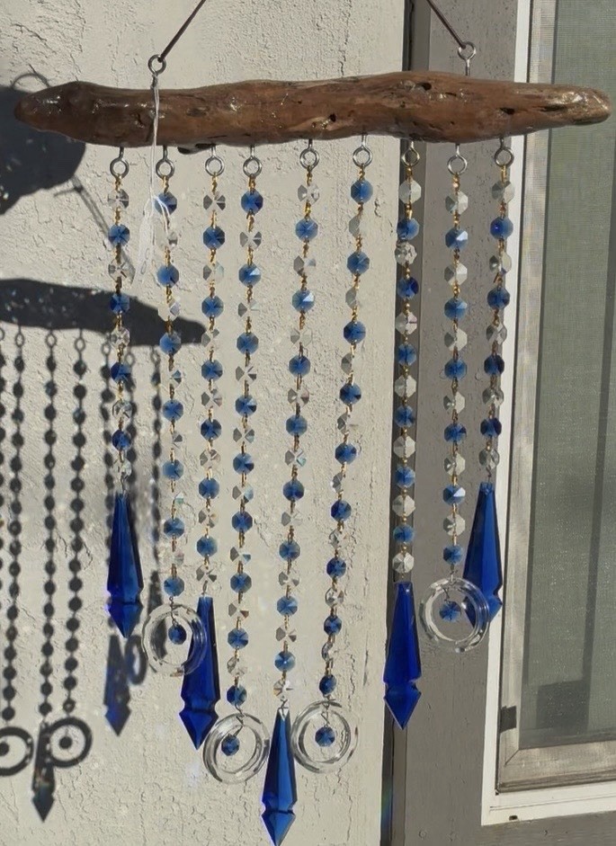 Crystal & Driftwood Suncatcher Art Handmade Hanging Blue/Clear Crystal Beads