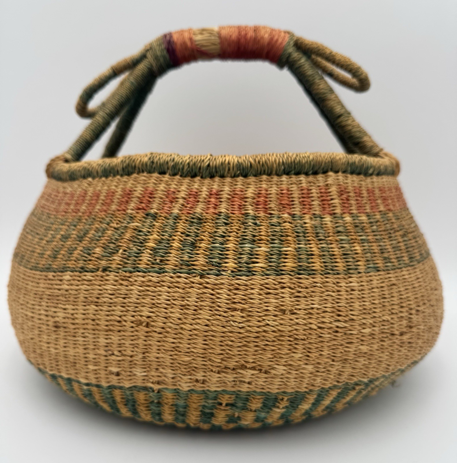 Vintage Bolga Basket Large Handwoven African Market Basket Wrapped Handle