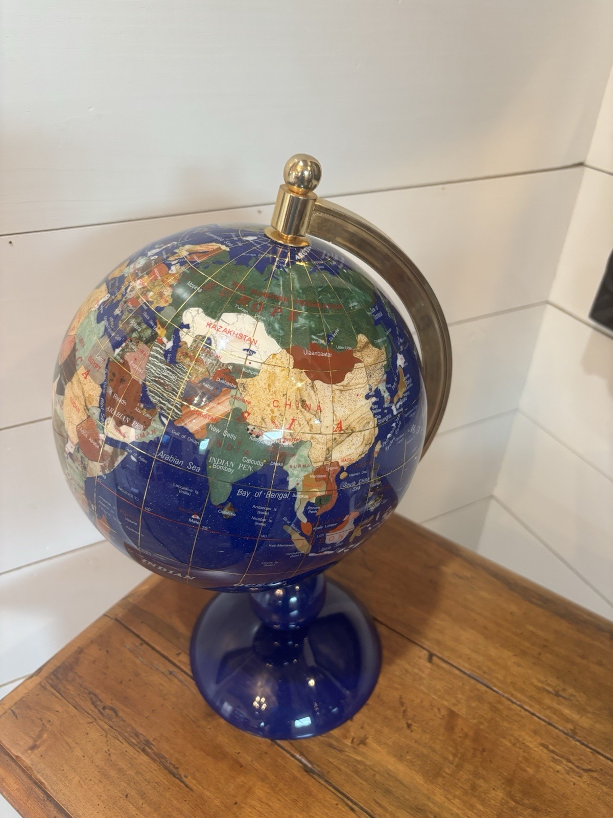 20th Century Lapis Blue Gemstone World Globe with Gilt Meridian Stand 9” Globe