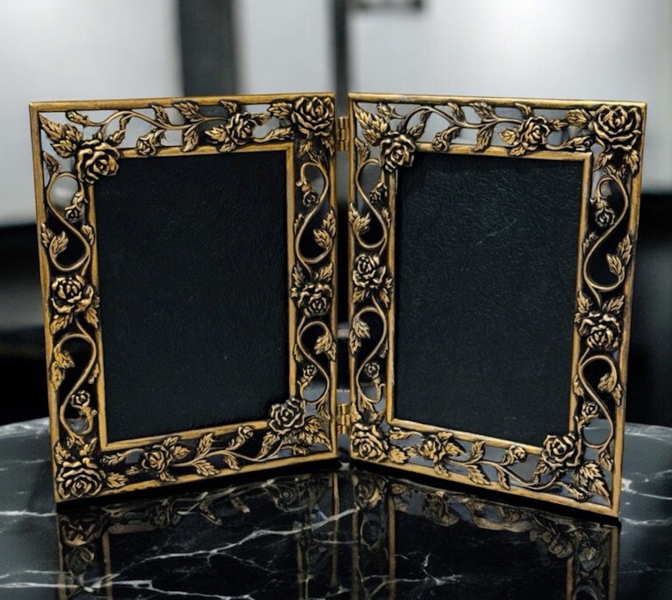 Vintage Ornate Gold Metal Double Bifold Picture Frame Fits Two 3.5”x5” Photos