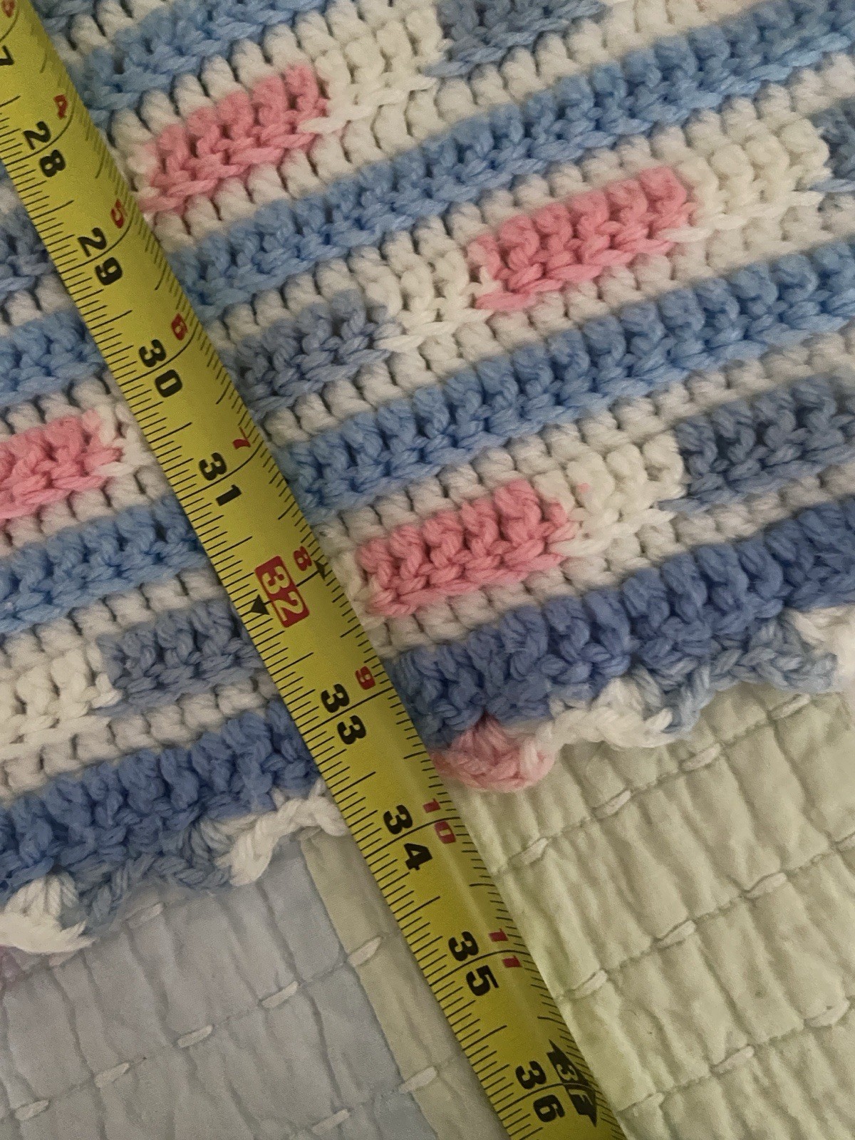 Crochet Quit Pink Blue White Striped Handmade Acrylic Yarn 75 x 33.5 In
