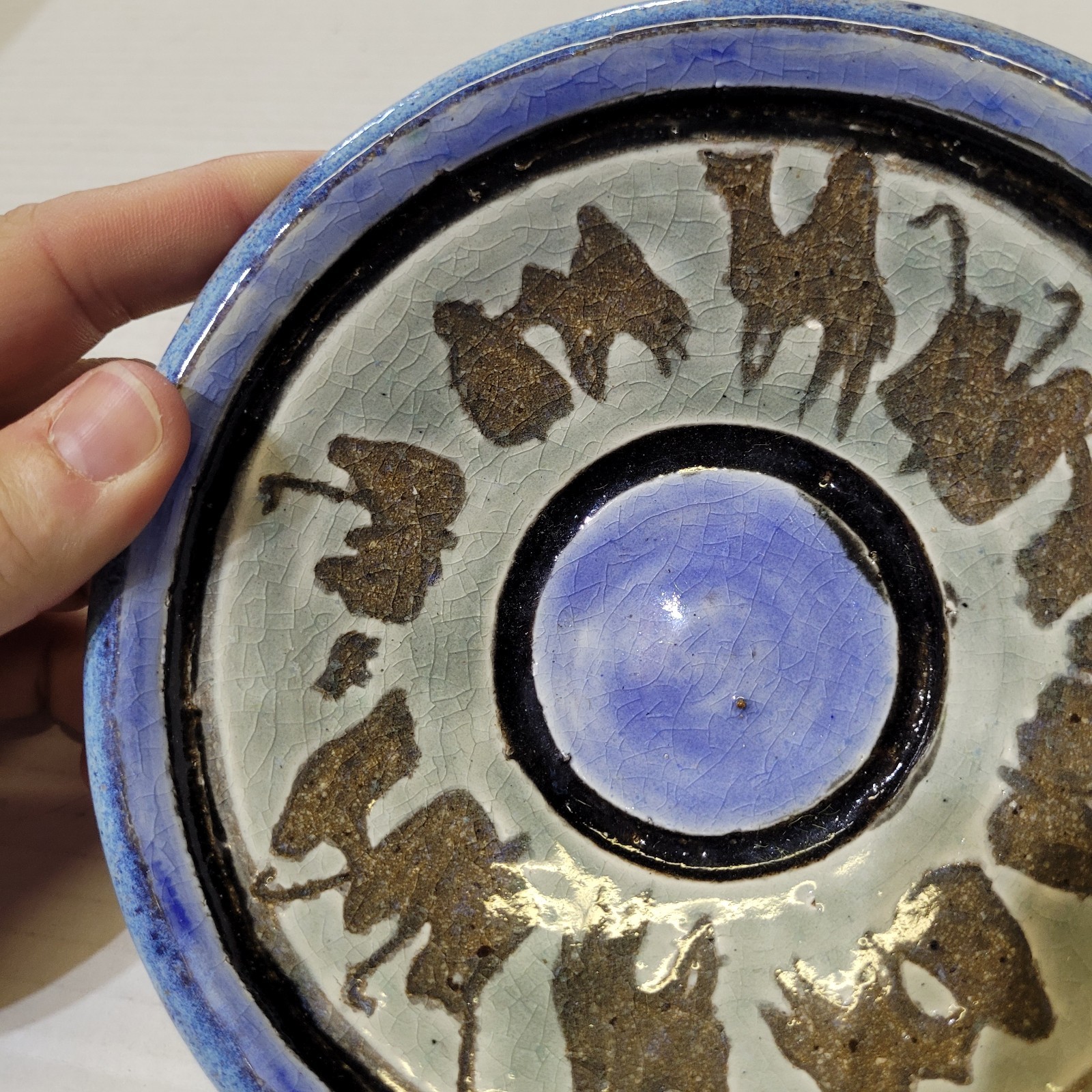 Stoneware Bowl Blue Glaze Camel & Shepherd Design – 6.25×1.75in