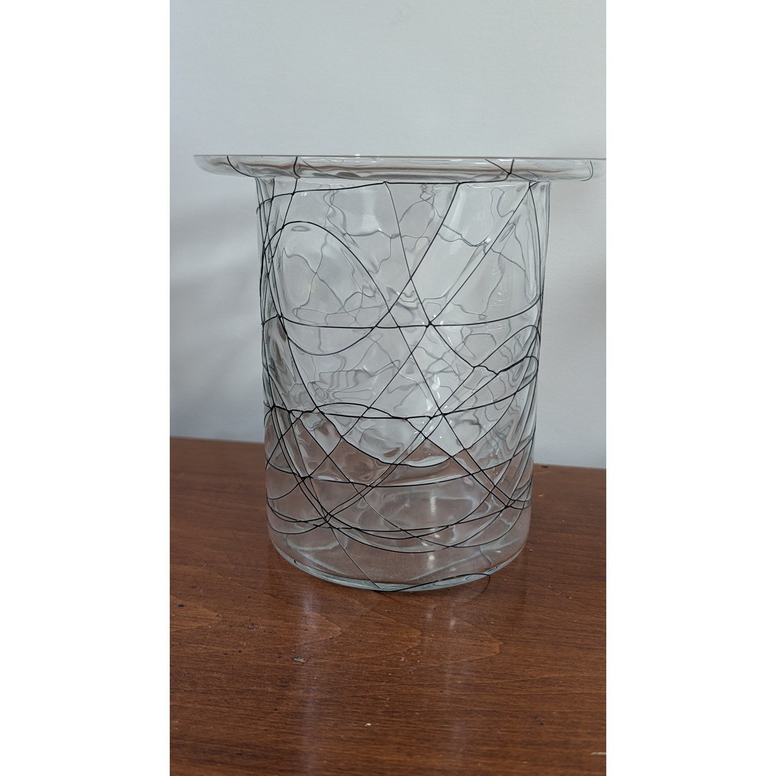 Modern Clear Art Glass Vase with Black Scribble Web Thread Design Wide Rim 6.5&Prime;
