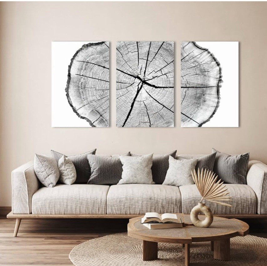 Abstract Tree Rings Canvas Print Set of 3, Wood Texture Art Large Wood Wall Art
