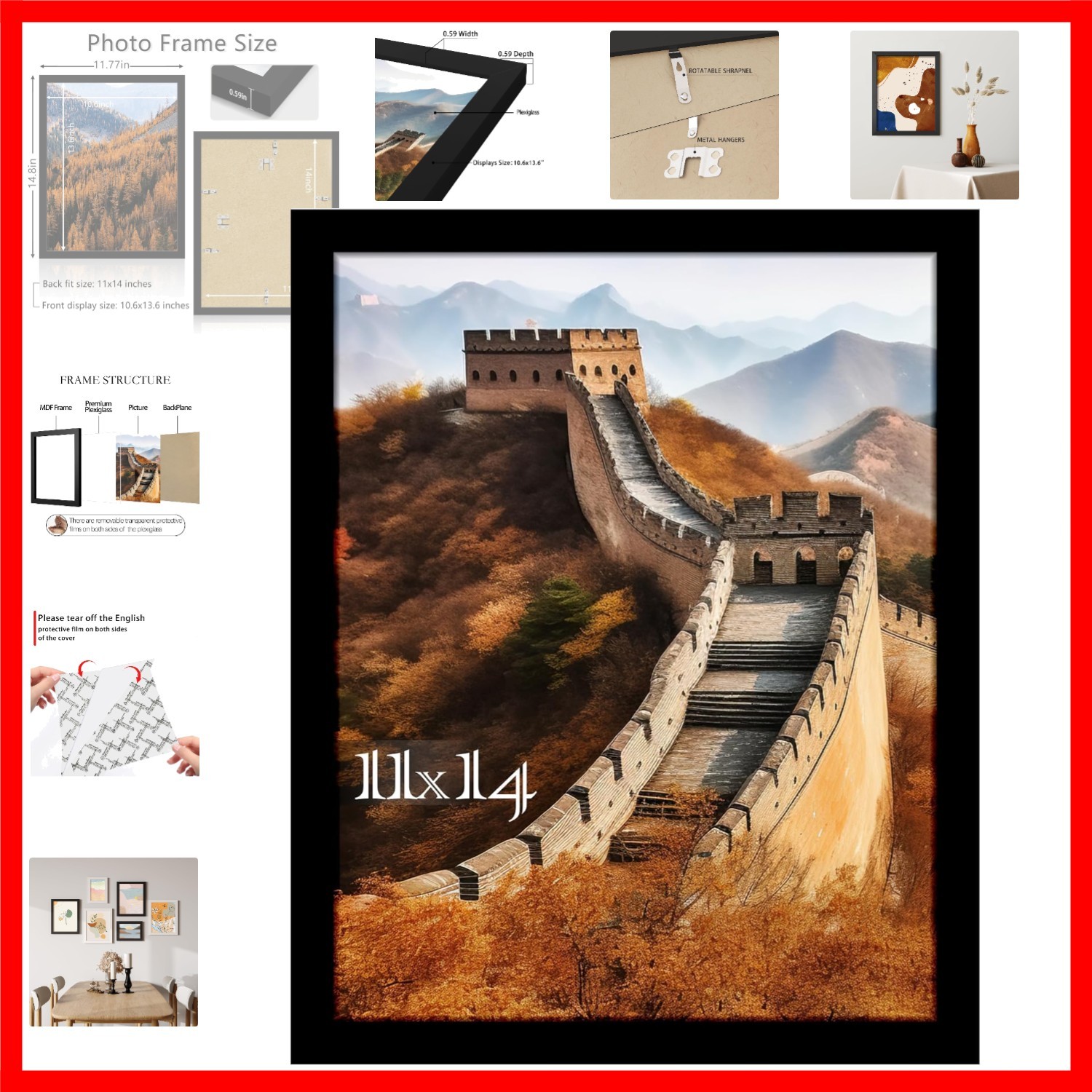 Picrit 11×14 Picture Frame, Photo Frame for Wall Mounting Display, Black