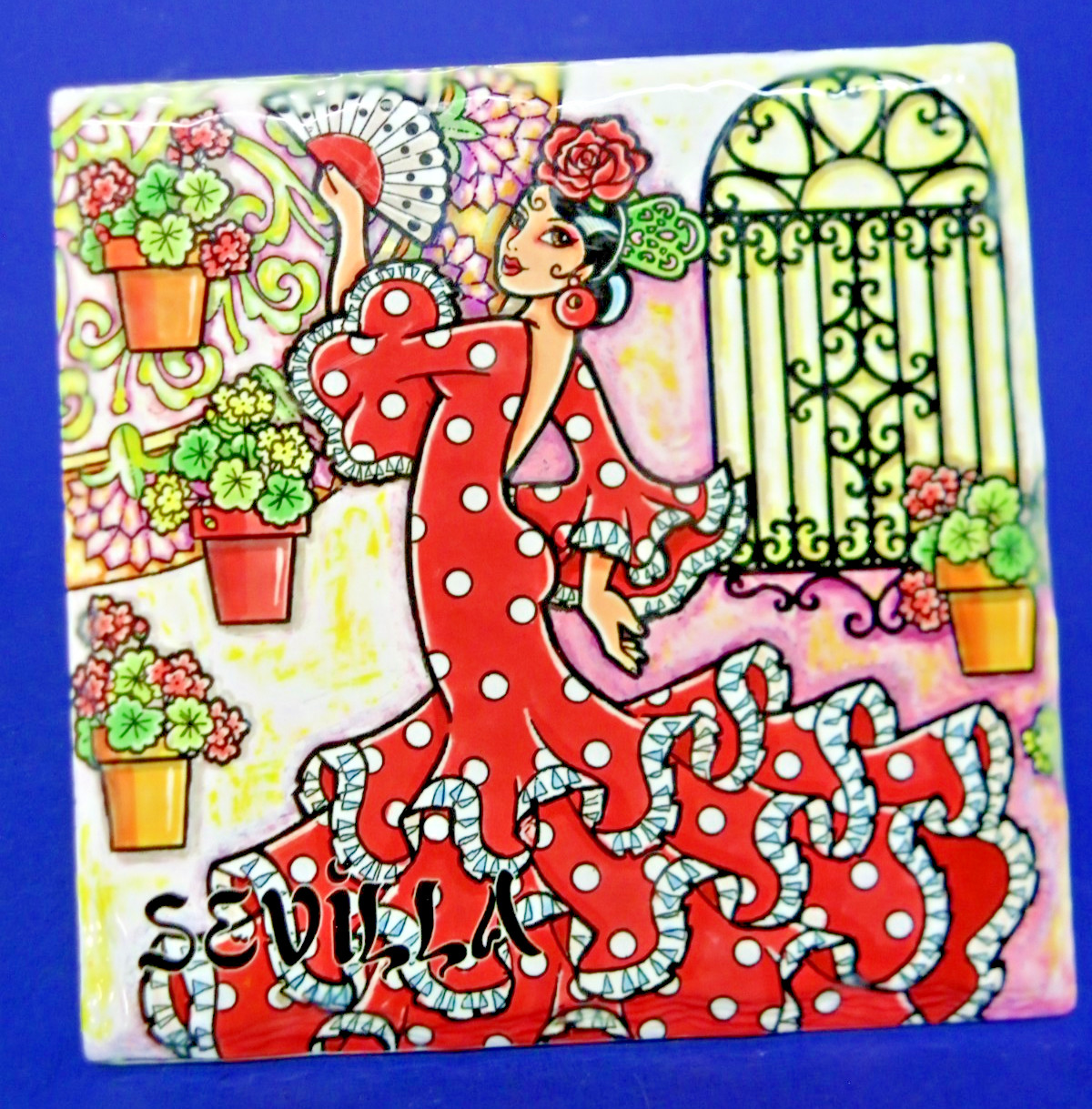 Flamenco Dancer Glossy Ceramic Tile Wall Hanging Plaque Sevilla Spain 6.5&Prime; x6.5