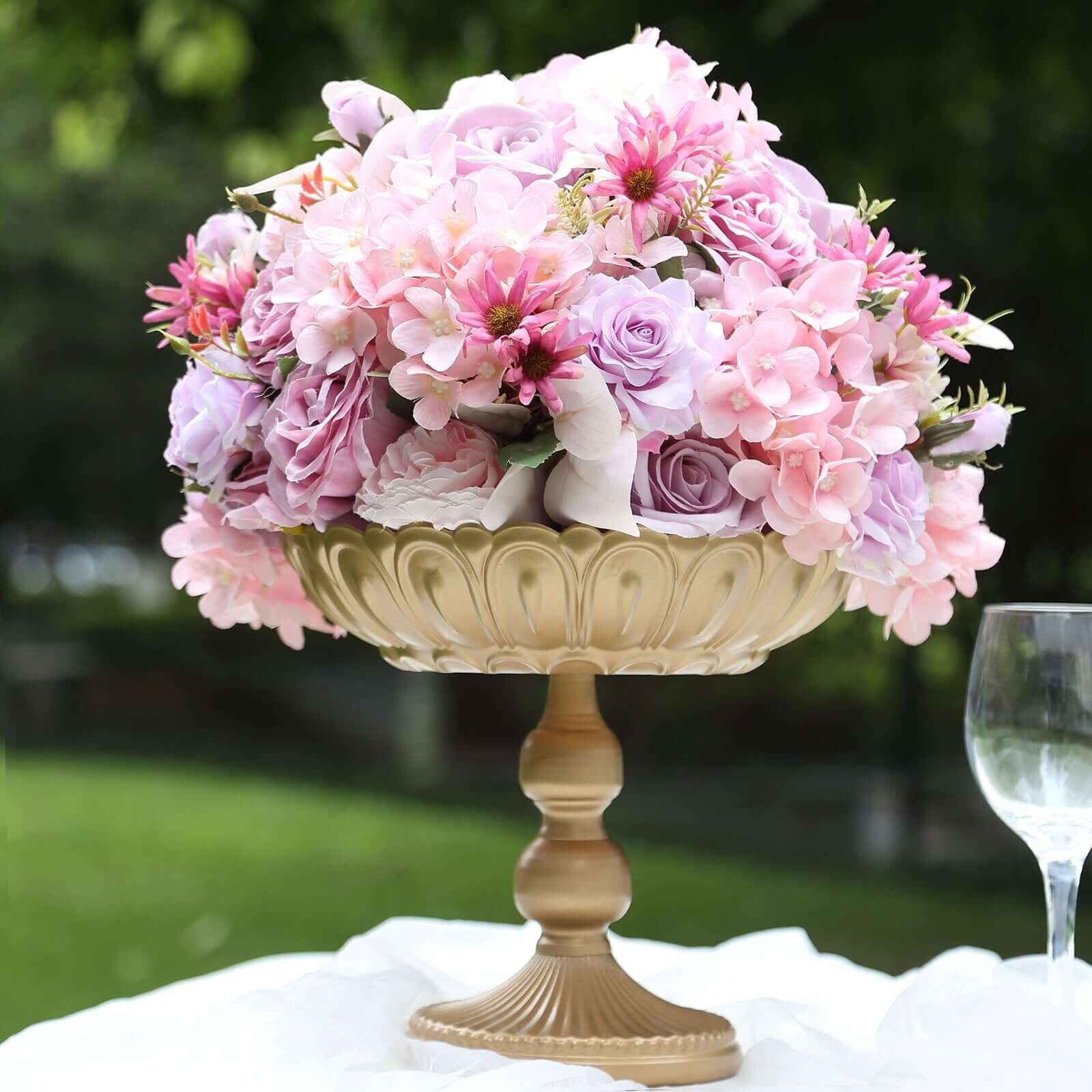 4 GOLD Metal Compote Pedestal Bowl Flower VASES in Vintage Floral Pattern Party